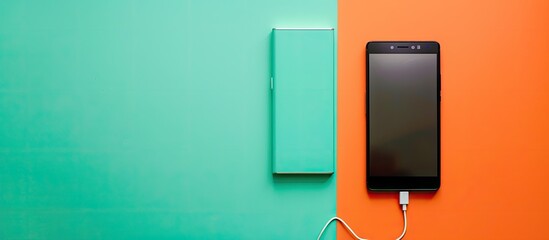 Poster - Top view of a smartphone and power bank on an orange and turquoise background with copy space image