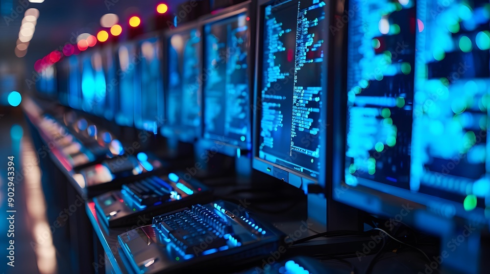 High-Tech Data Center with Multiple Monitors Displaying Code and ...
