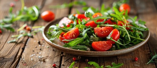 Sticker - Fresh salad with arugula and cherry tomatoes on a rustic wooden table showcasing a copy space image