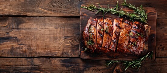 Poster - Rustic wooden background with a copy space image showcasing succulent roast meat