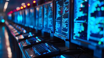 high-tech data center with multiple monitors displaying code and analytics