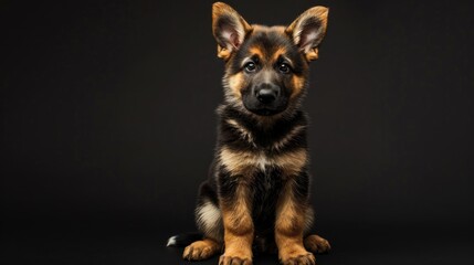 Wall Mural - 7 week old German Shepherd puppy portrait sitting on black background with empty space