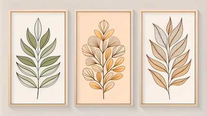 Fototapete - Abstract One-Line Art Leaf Botanical Prints – Boho Vector Set for Wall Art with Minimalist Foliage and Bohemian Style Design for Covers and Posters