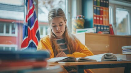 Poster - A student focused on her studies in a classroom decorated with a British flag and stacked textbooks.