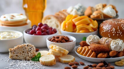 Wall Mural - A table full of food including bread, cheese, fruit, and nuts. Scene is inviting and appetizing