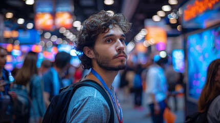 A young man with curly hair and a beard at a biotech conference, wearing a blue t-shirt, backpack, and lanyard with a badge, walks through the hall