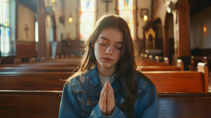 Wall Mural - Young lady sits in a church pew with her eyes closed, hands clasped in prayer