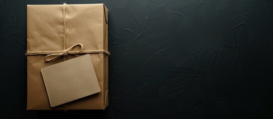 Aufkleber - A package box covered in brown craft paper with a blank label on a black background from above for adding text or images includes copy space image