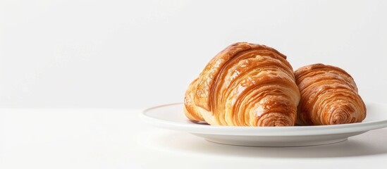 Poster - French croissant on a plate with copy space image against white backdrop