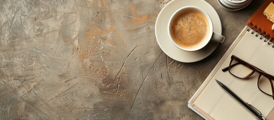 Fototapete - Top view of a workplace table with coffee and office items providing ample copy space image