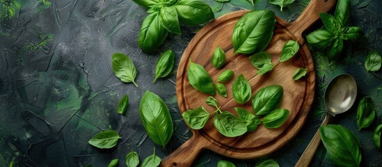 Poster - Top view of a round wooden cutting board with a spoon surrounded by basil leaves creating a healthy food concept in the copy space image