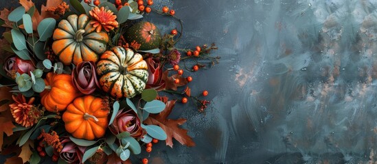 Poster - A fall themed bouquet featuring pumpkins leaves and a copy space image