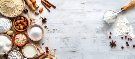 Aufkleber - Ingredients for baking cake pastry or cookies on a white wooden backdrop in a top view copy space image