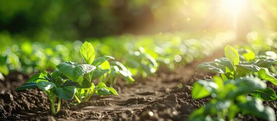 Wall Mural - row of healthy green plants on a sunny afternoon background ideal for gardening or farming concepts 