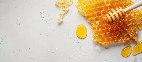 Poster - Mini frame showcasing fresh honey against a white backdrop serves as a winter health booster with a reserved copy space image