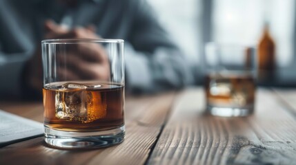 A close-up shot of a whiskey glass with ice cubes, placed on a wooden table, emanating a sense of refinement, relaxation, and a moment of contemplation and luxury.