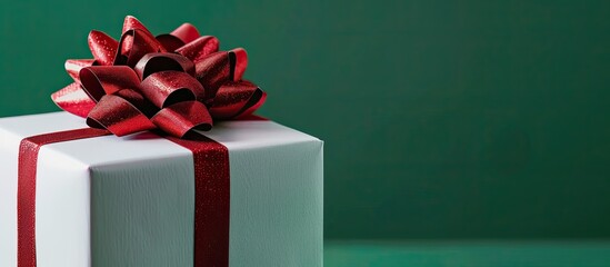 Fototapete - White gift box with a large red bow set against a green backdrop allowing for a copy space image