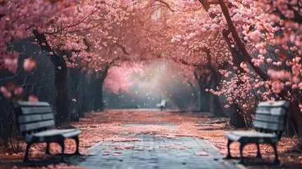 Wall Mural - Blossoming Cherry Trees in Serene Park Symbolizing Renewal and New Beginnings