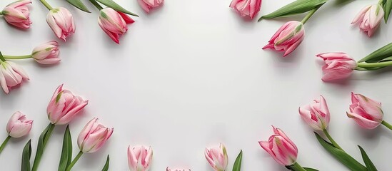 Sticker - Top view of a frame made of pink tulip flowers against a white backdrop with copy space image