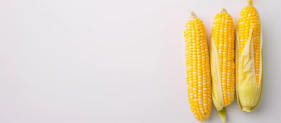 Aufkleber - Fresh uncooked corncob arranged on a white background a healthy summer food concept The image showcases a top view with close up details and space for text. Creative banner. Copyspace image