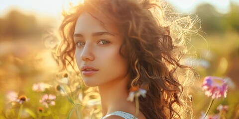 Wall Mural - A woman poses in a meadow, showcasing elegance and beauty with curly hair and a romantic look.