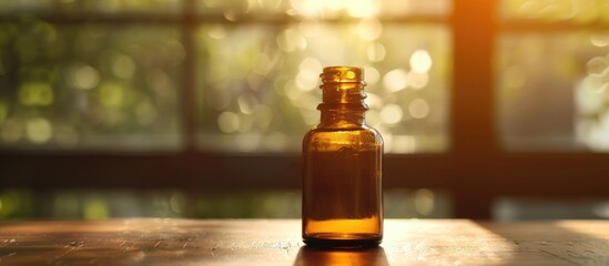 Poster - Small bottle with plantain extract in selective focus presenting a natural copy space image