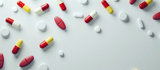 Aufkleber - Various red white and yellow pills and capsules are displayed against a white backdrop with room for additional content