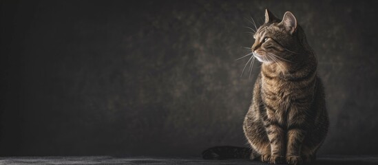 Poster - Studio photoshoot of a lone cat against a dark backdrop with copy space image