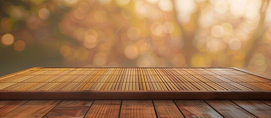Poster - Wooden deck table with a bamboo place mat ideal for displaying items with copy space image