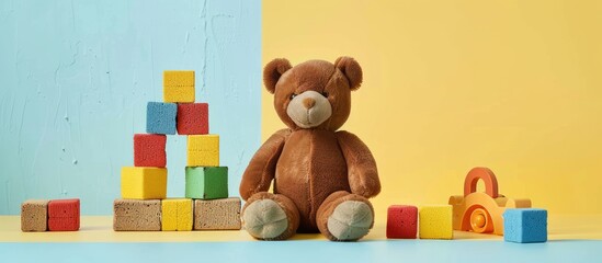 Poster - Front view of a playful baby toys setup featuring a brown teddy bear and vibrant building blocks on a pastel yellow and blue backdrop with copy space image