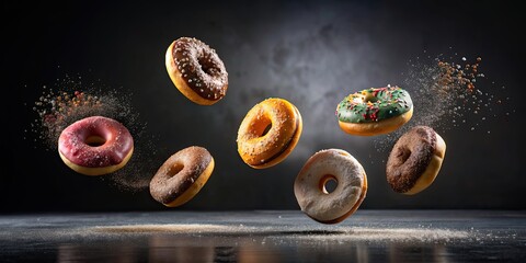 Flying donuts against dark background, donuts, flying, air, dessert, sweet, bakery, tasty, delicious, treat, snack, sugar