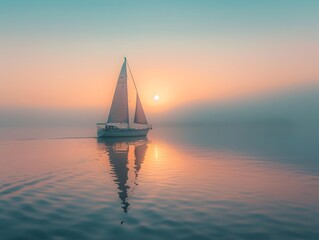 Sticker - Sailboat Navigating Serene Waters at Sunrise New Horizons and Opportunities Ahead