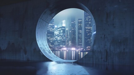 Wall Mural - Cityscape Viewed Through a Circular Window in a Concrete Wall