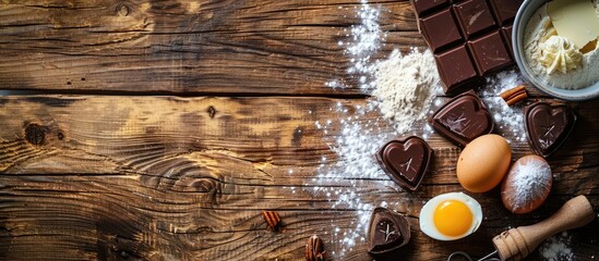 Poster - Messy baking preparation with love featuring ingredients like egg flour and dark cooking chocolate on a wooden rustic table with a copy space image