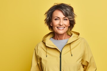 Poster - Portrait of a satisfied woman in her 50s wearing a lightweight packable anorak on pastel yellow background