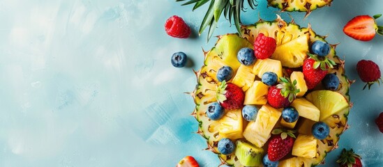Poster - Copy space image of tropical fruit salad in pineapple halves on light blue backdrop