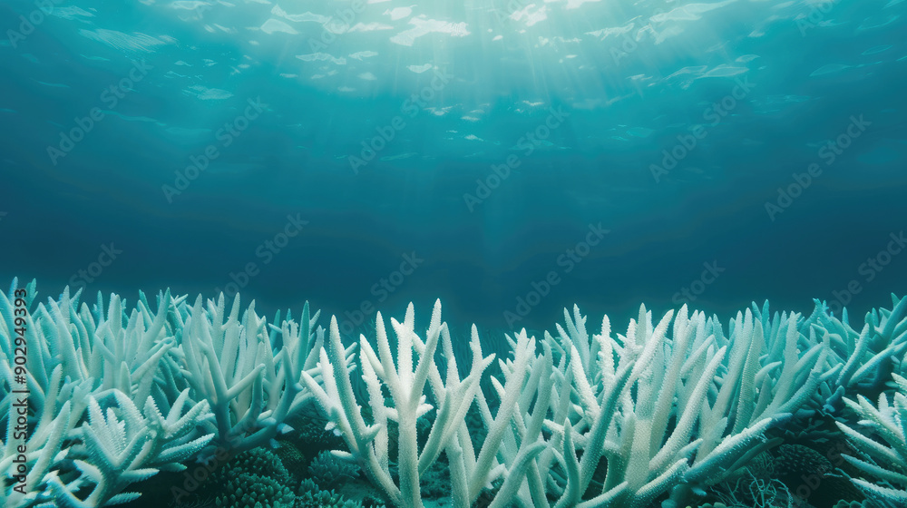 Underwater scene of bleached coral reef, signifying the impact of ...