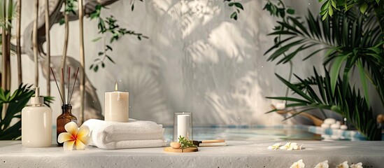Aufkleber - A serene spa wellness display with beauty and fashion items on a white table featuring a spa towel candle plumeria and a tree with copy space image