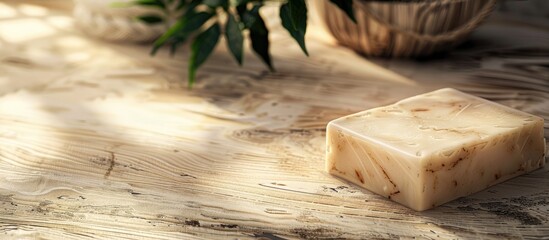 Poster - Handcrafted organic soap on wooden surface with marble pattern and copy space image