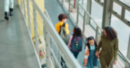 Sticker - Child, teacher and holding hands with care, safety and backpack in walking, together and academy. Student, woman and support in education, development or scholarship in learning, mentorship or school