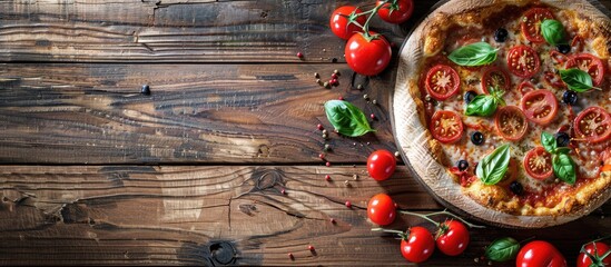 Poster - Italian pizza on rustic wooden backdrop with copy space image