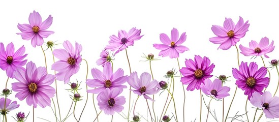 Poster - Copy space image featuring numerous purple cosmos flowers set against a white backdrop