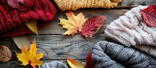 Poster - In fall cozy sweaters are complemented by colorful leaves in a beautifully intertwined display capturing the essence of the season in a remarkable copy space image