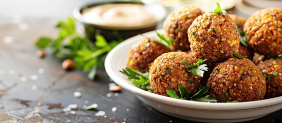 Aufkleber - Gourmet falafel served on a white plate with sauce merken on a table in daylight ideal as a copy space image