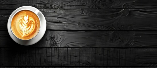 Aufkleber - Top view of a white coffee cup with heart shaped latte art on a black wooden table by a window creating a picturesque copy space image