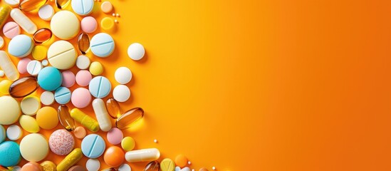 Aufkleber - Variety of pharmaceutical pills and tablets on an orange backdrop with ample space for text creating a vibrant healthcare themed copy space image