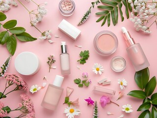 Wall Mural - Floral Beauty Products Flatlay - Pink Background Illustration