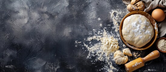 Poster - Raw dough with flour and rolling pin for a cooking menu concept against a food themed background with plenty of copy space image