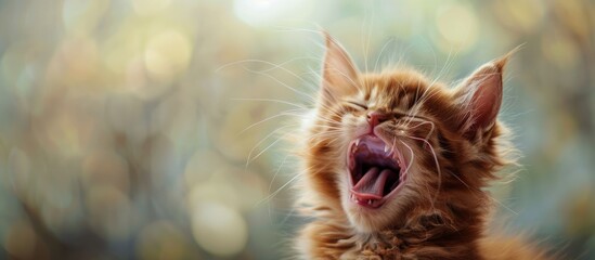 Sticker - A furry Siberian kitten with red fur and long hair from a livestock breed yawning in a charming copy space image