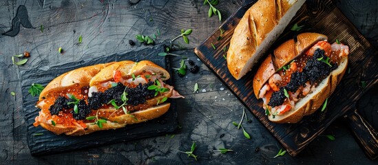 Poster - A rustic top view image of a table showing a delectable seafood sandwich with fresh black caviar ideal for an appetizer or meal with ample copy space in the background
